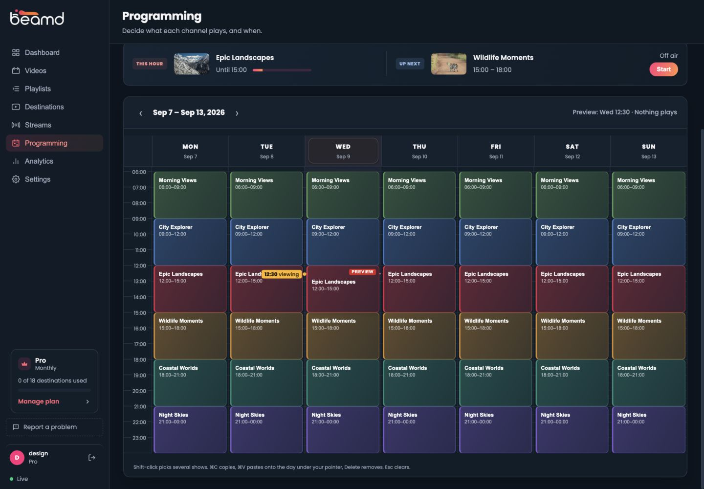 Beamd Programming: channel controls and a weekly schedule of videos and playlists
