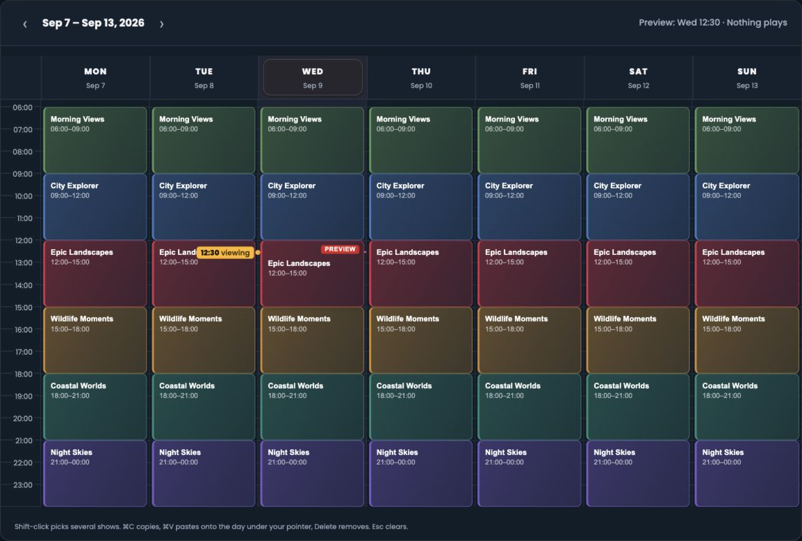 The real Beamd weekly Programming grid with colour-coded shows